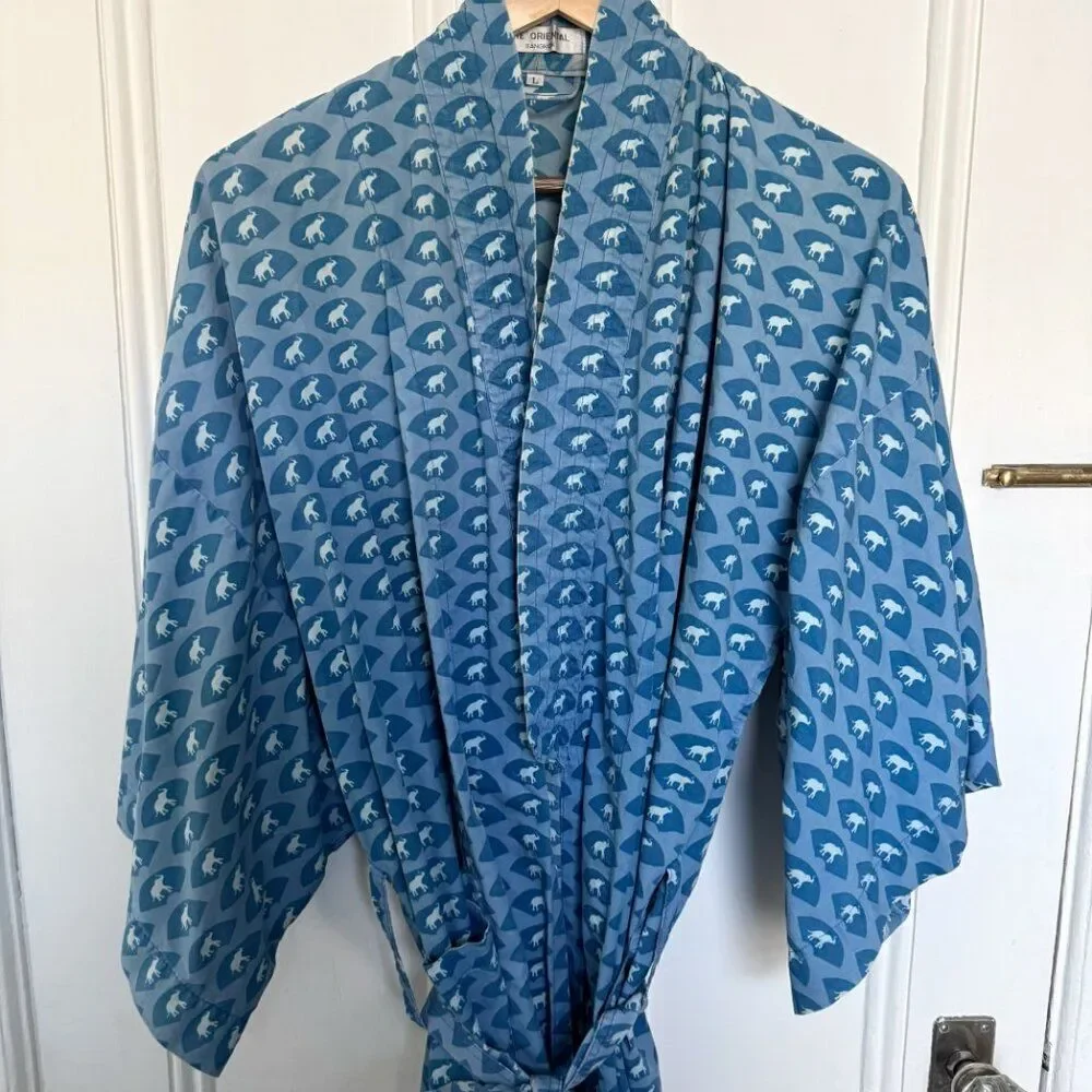 Vintage Mandarin Oriental Bangkok Hotel L Cotton Long Robe Blue with Elephants